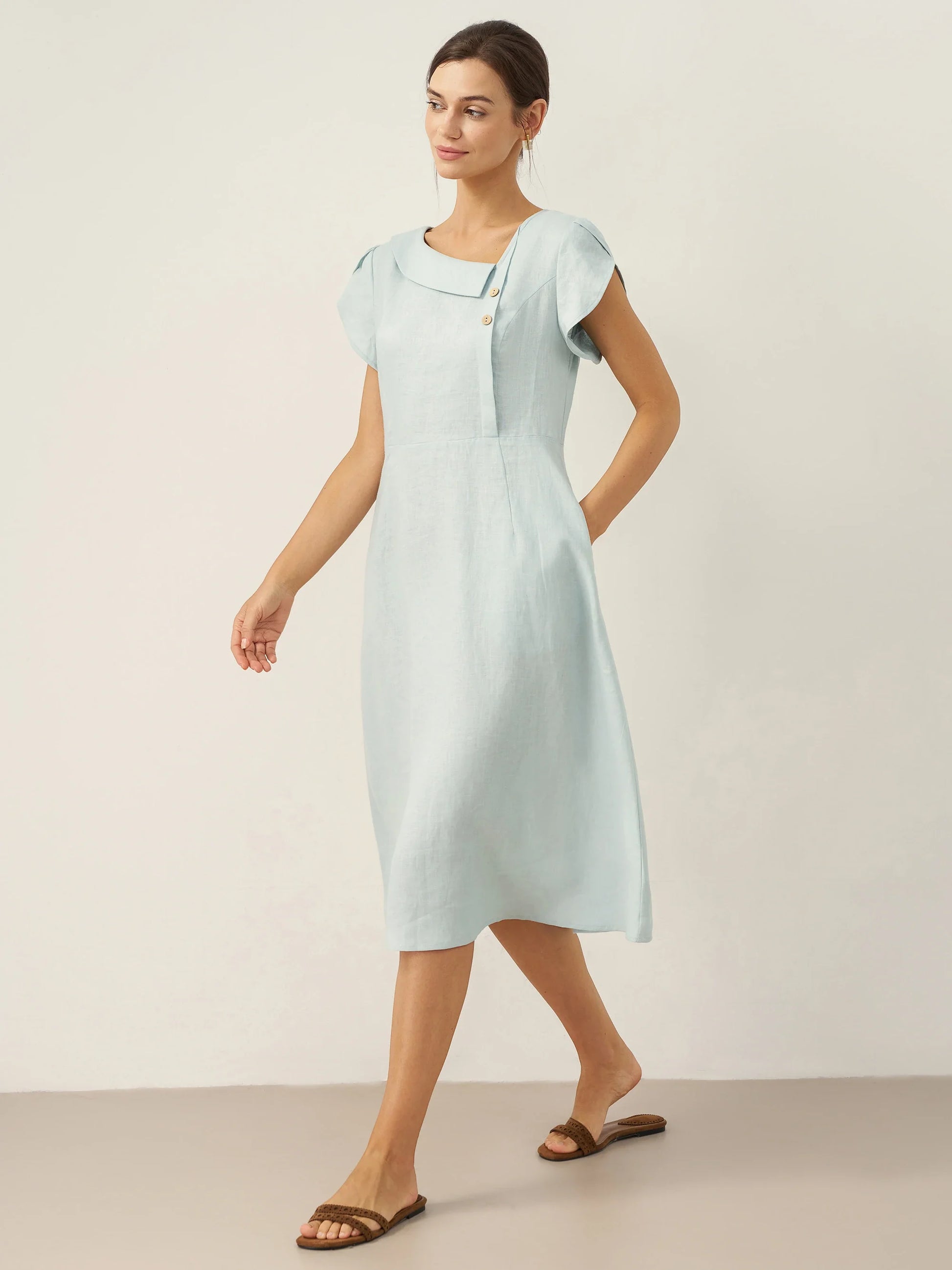 100% Linen Crescent Collar Flutter Sleeve Midi Dress FIONA LINTICO