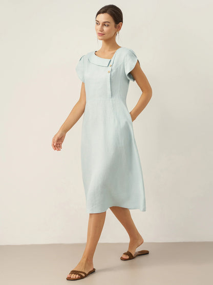 100% Linen Crescent Collar Flutter Sleeve Midi Dress FIONA LINTICO