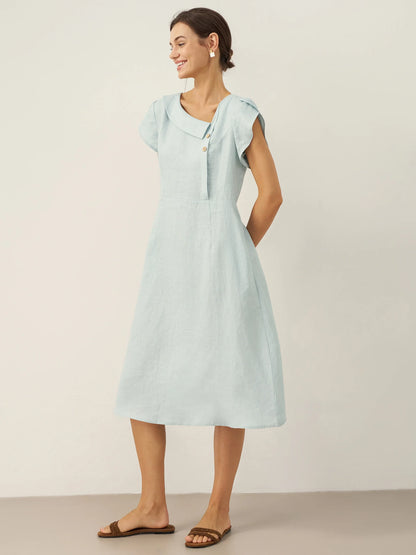 100% Linen Crescent Collar Flutter Sleeve Midi Dress FIONA LINTICO