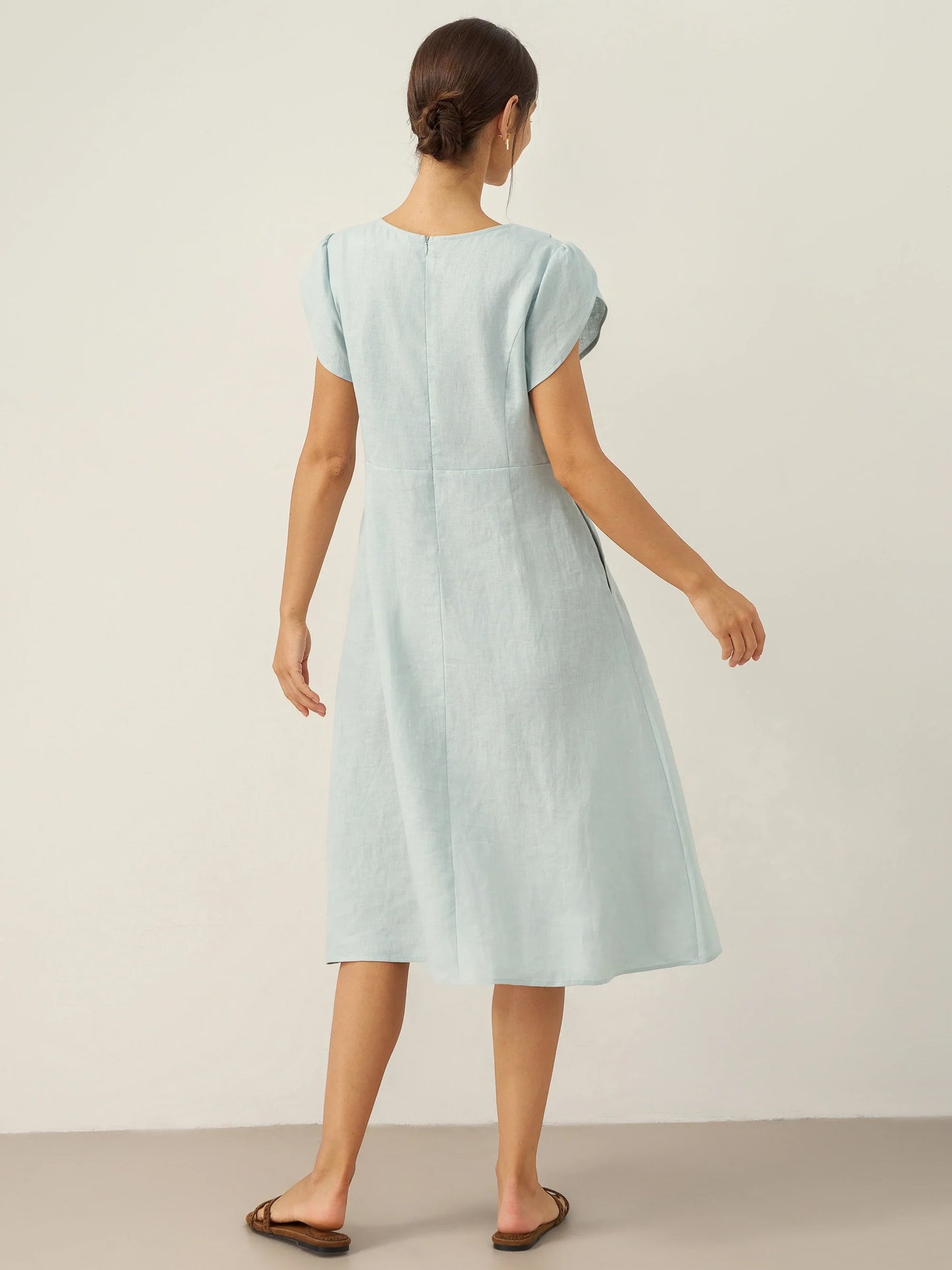 100% Linen Crescent Collar Flutter Sleeve Midi Dress FIONA LINTICO