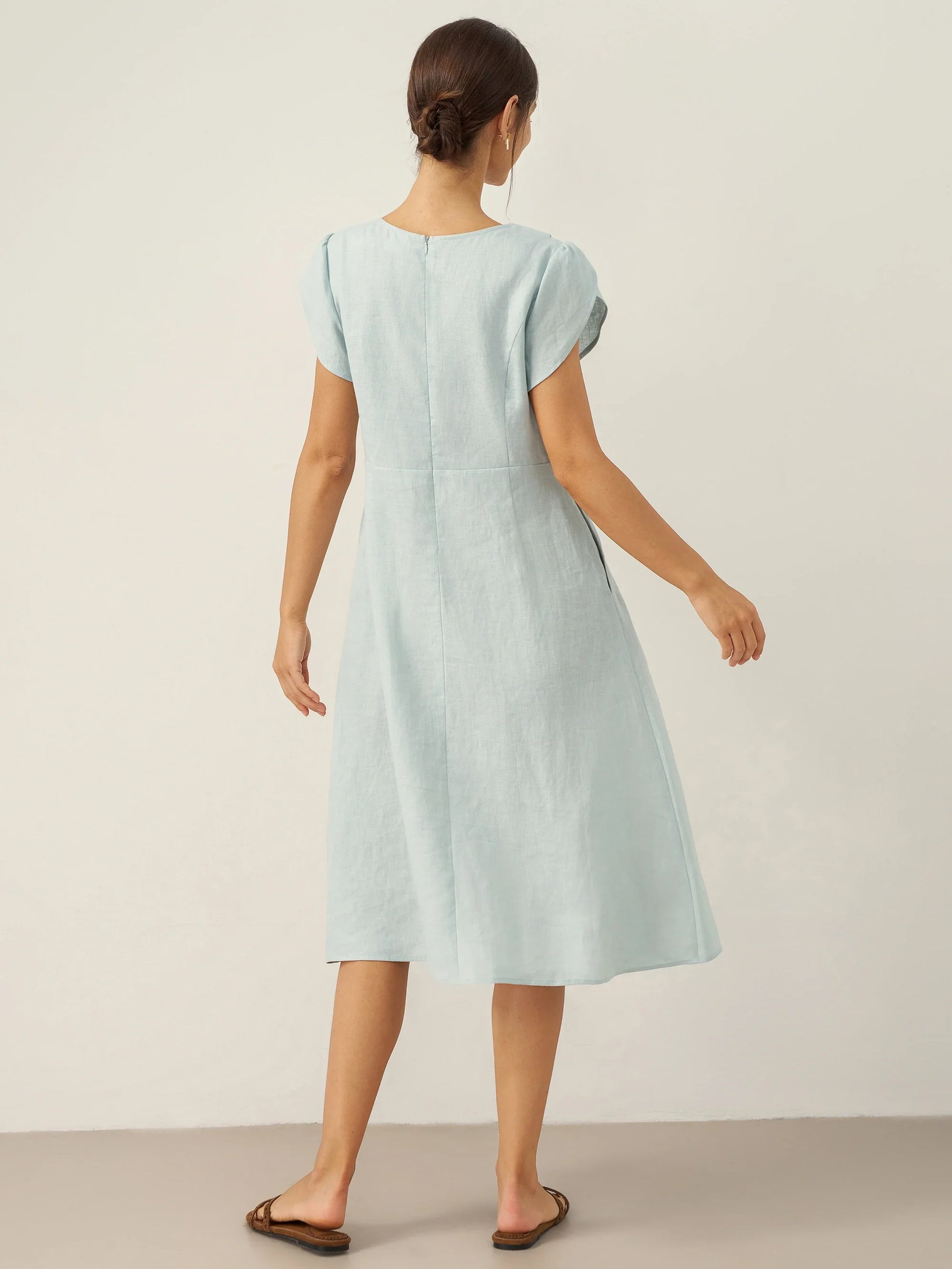 100% Linen Crescent Collar Flutter Sleeve Midi Dress FIONA LINTICO