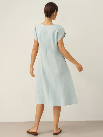 100% Linen Crescent Collar Flutter Sleeve Midi Dress FIONA LINTICO