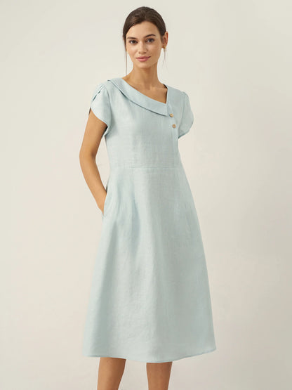 100% Linen Crescent Collar Flutter Sleeve Midi Dress FIONA LINTICO