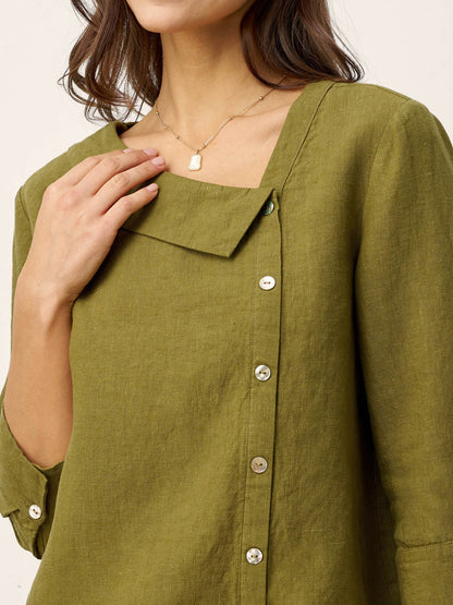 100% Linen Crescent Neck Button Detail 3/4 Sleeve Top ADALYN LINTICO
