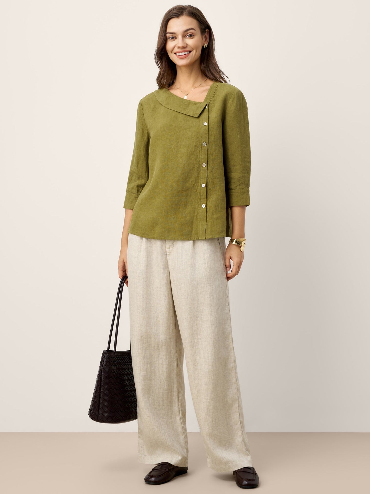 100% Linen Crescent Neck Button Detail 3/4 Sleeve Top ADALYN LINTICO