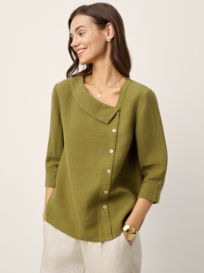 100% Linen Crescent Neck Button Detail 3/4 Sleeve Top ADALYN LINTICO