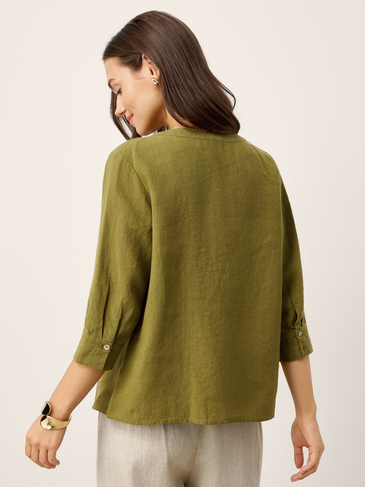 100% Linen Crescent Neck Button Detail 3/4 Sleeve Top ADALYN LINTICO