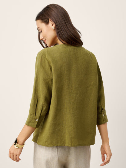 100% Linen Crescent Neck Button Detail 3/4 Sleeve Top ADALYN LINTICO