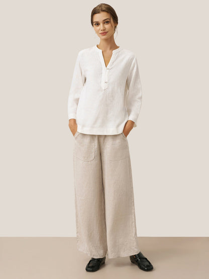 100% Linen Deep V-Neck Pullover with Button-Trim JOLYNE LINTICO