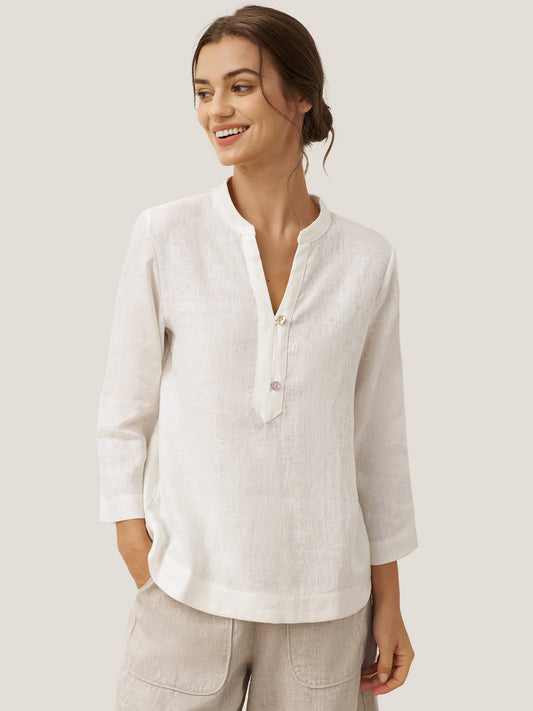 100% Linen Deep V-Neck Pullover with Button-Trim JOLYNE LINTICO