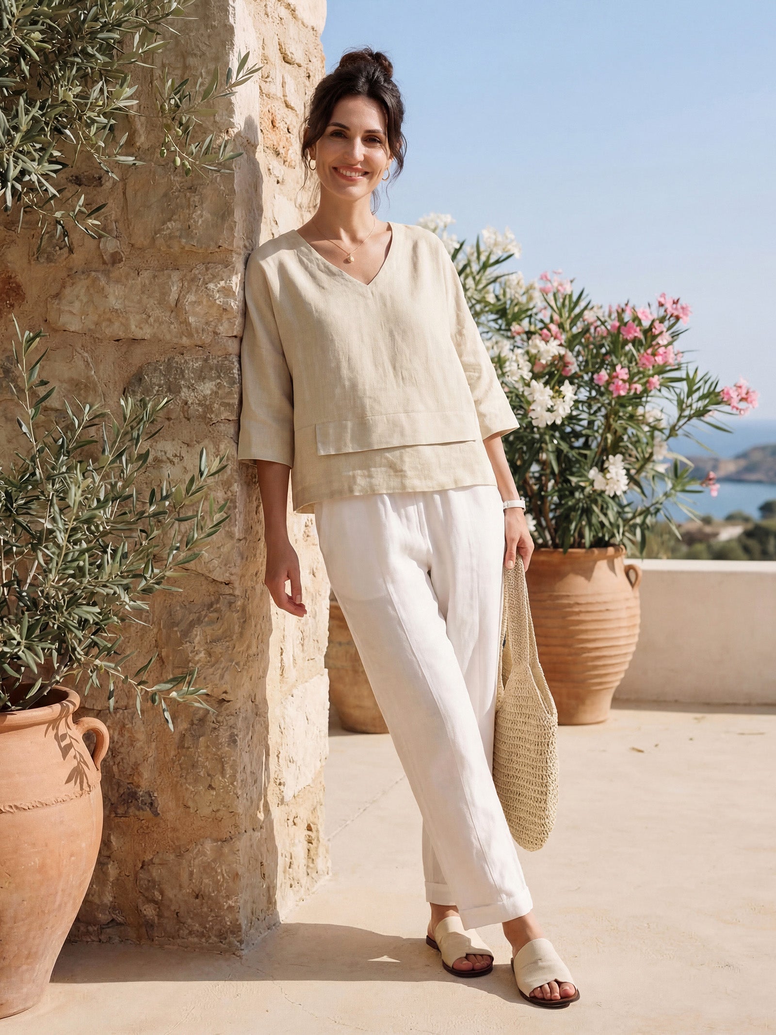 100% Linen Drop Shoulder Asymmetric Layered Hem Overtop VIOLA LINTICO