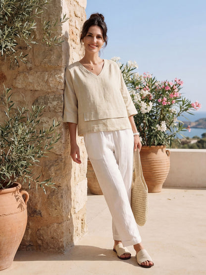 100% Linen Drop Shoulder Asymmetric Layered Hem Overtop VIOLA LINTICO