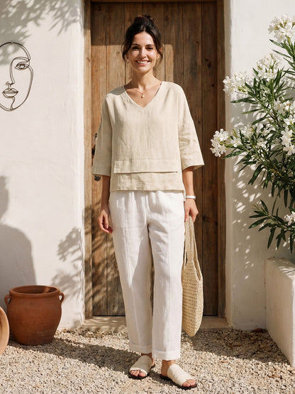100% Linen Drop Shoulder Asymmetric Layered Hem Overtop VIOLA LINTICO
