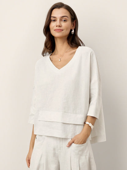 100% Linen Drop Shoulder Asymmetric Layered Hem Overtop VIOLA LINTICO