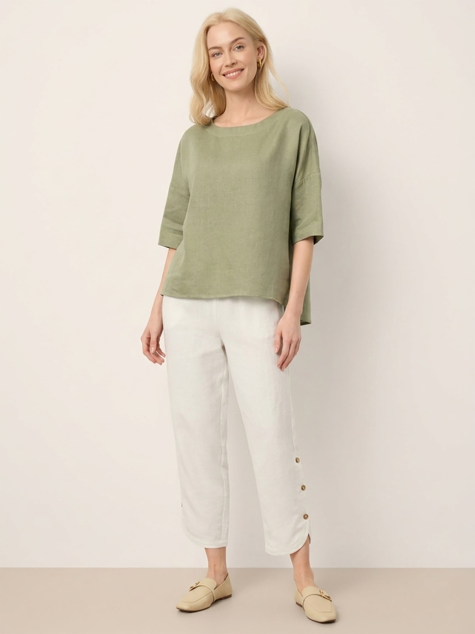 100% Linen Drop Shoulder Shirred Back High-Low Hem Top LINDSEY LINTICO