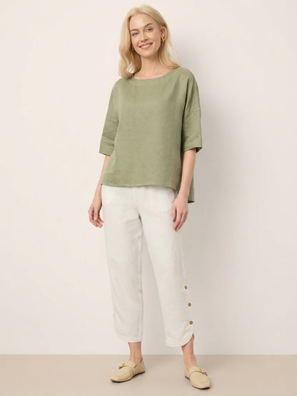 100% Linen Drop Shoulder Shirred Back High-Low Hem Top LINDSEY LINTICO