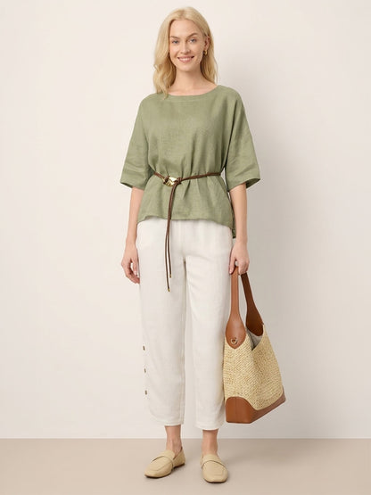 100% Linen Drop Shoulder Shirred Back High-Low Hem Top LINDSEY LINTICO