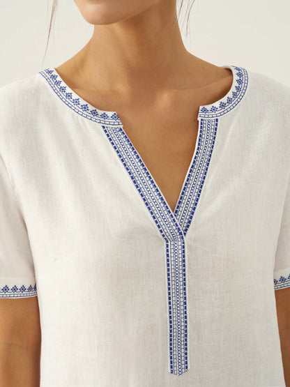 100% Linen Embroidered V-Neck Midi Dress with Belt FELLIS