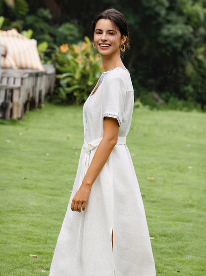 100% Linen Embroidered V-Neck Midi Dress with Belt FELLIS