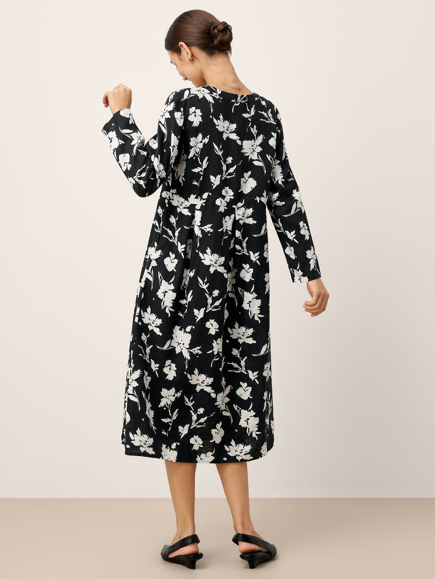 100% Linen Floral Printed Gathered Maxi Dress ELODIE