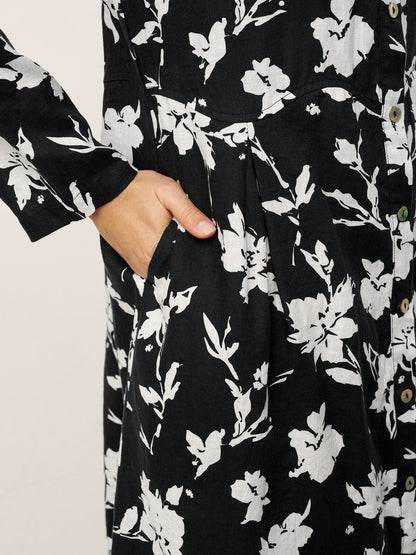 100% Linen Floral Printed Gathered Maxi Dress ELODIE