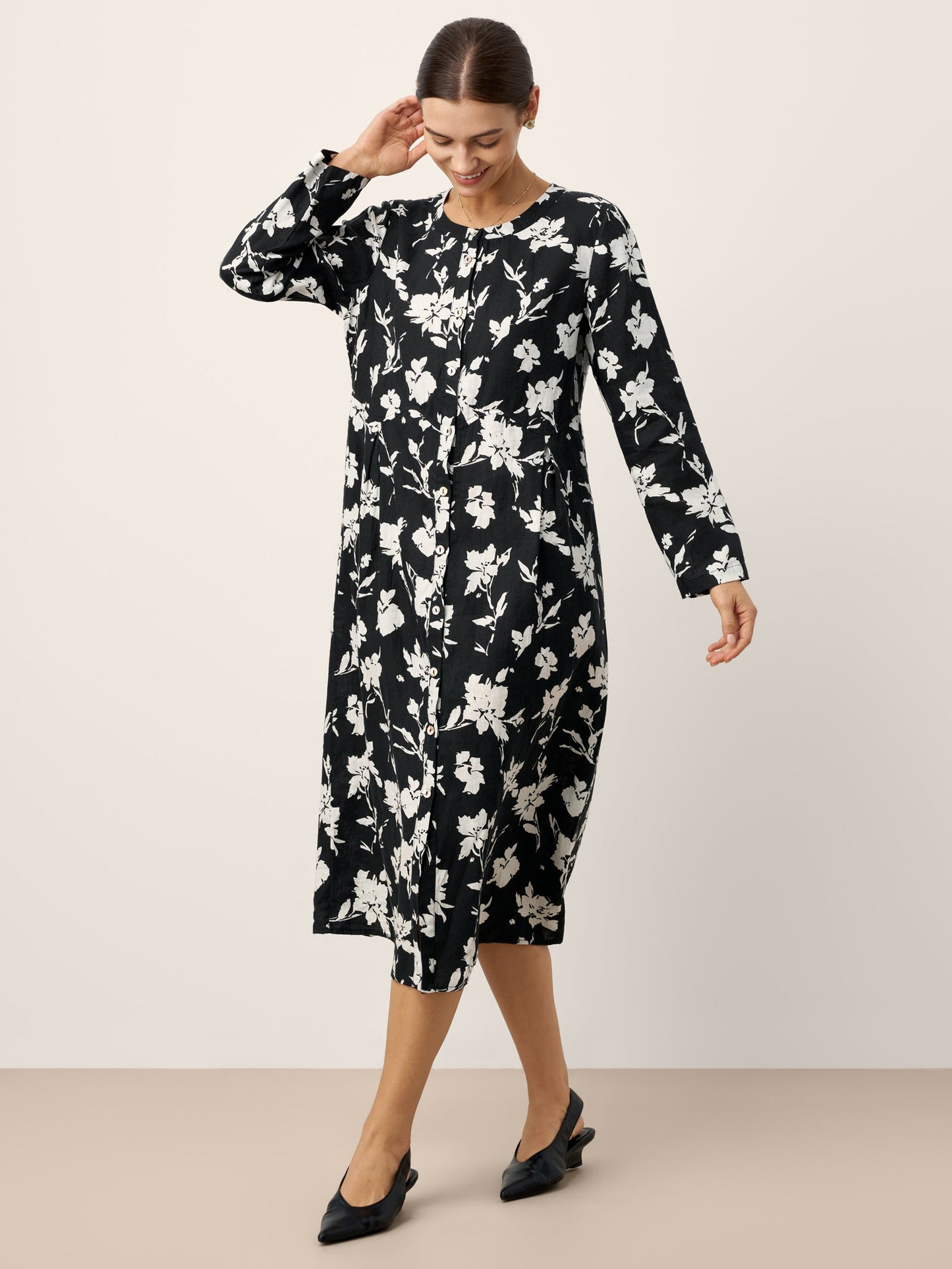 100% Linen Floral Printed Gathered Maxi Dress ELODIE