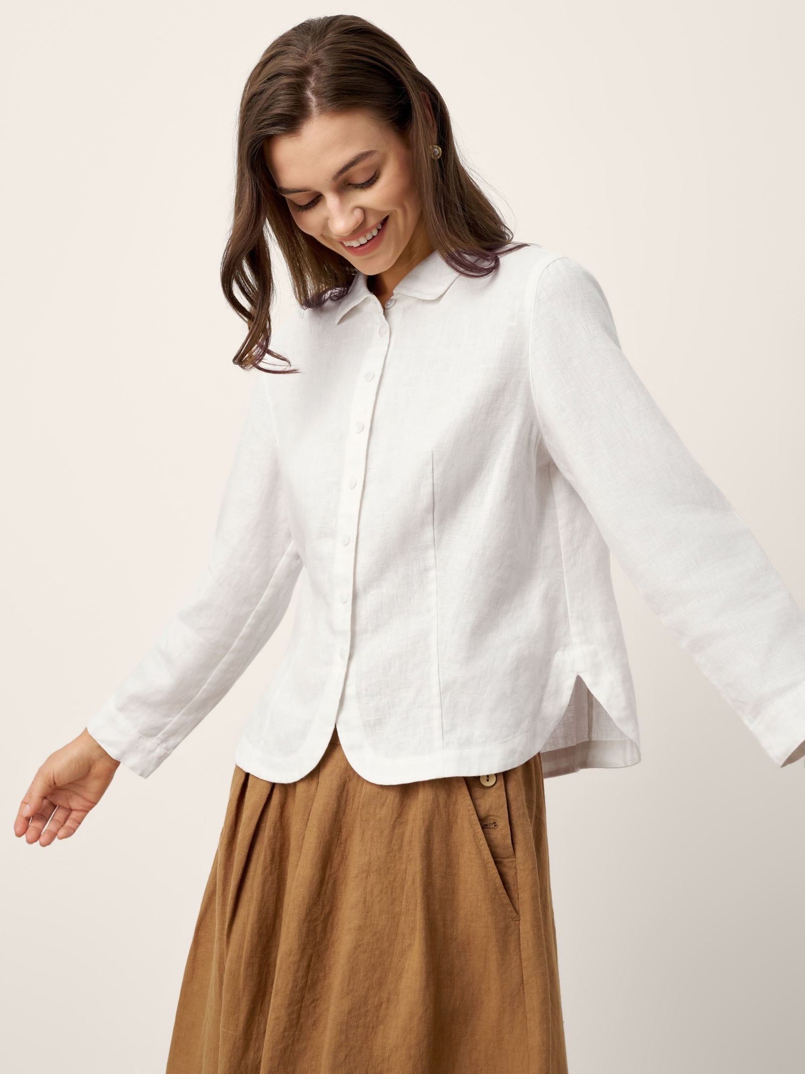 100% Linen Small Collar Curved Hem Tailored Shirt AVELINE LINTICO