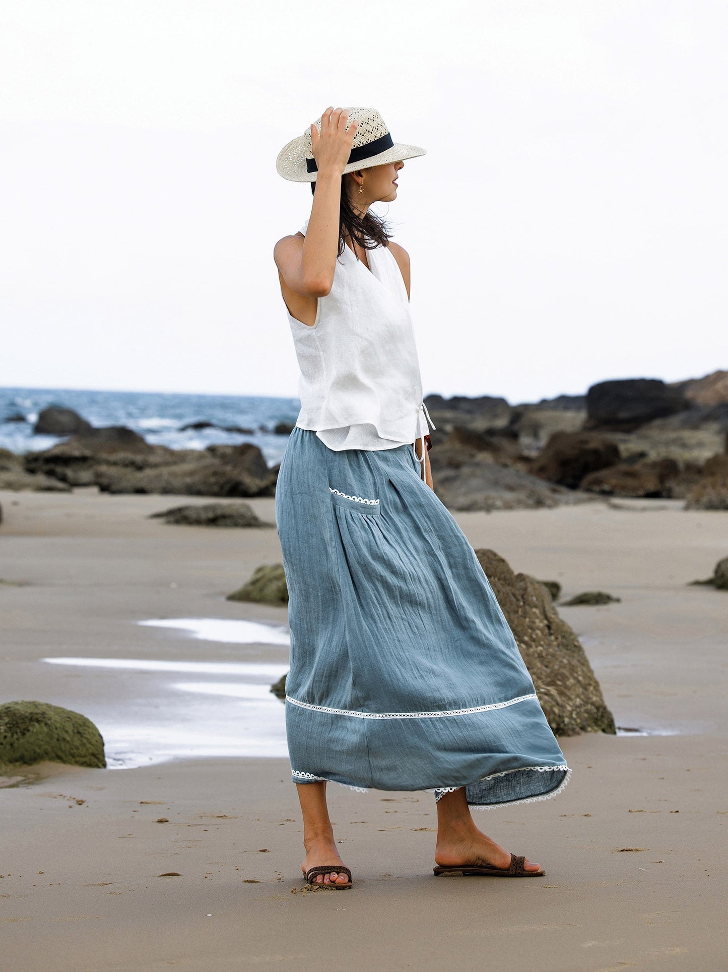 100% Linen Lace-Up Pocket Skirt FENLA LINTICO