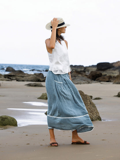 100% Linen Lace-Up Pocket Skirt FENLA LINTICO