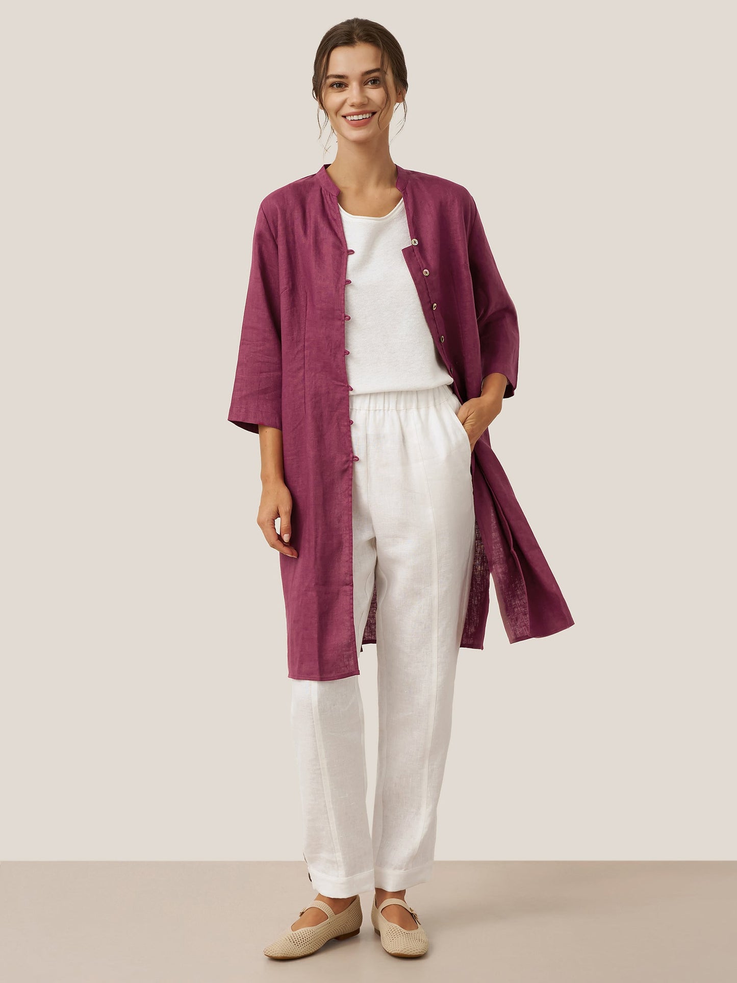 100% Linen Hand Button Long Top DILLON LINTICO
