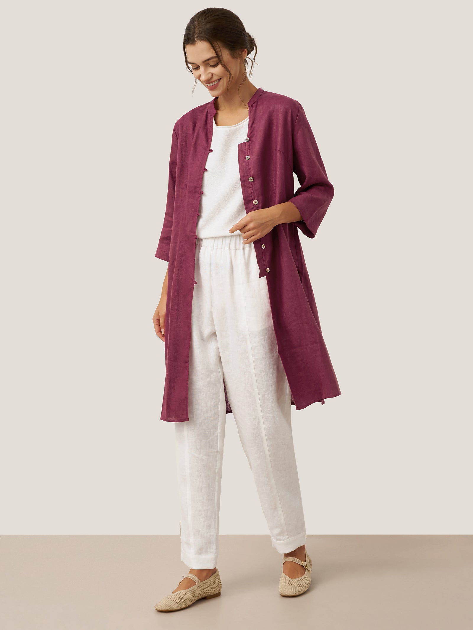 100% Linen Hand Button Long Top DILLON LINTICO