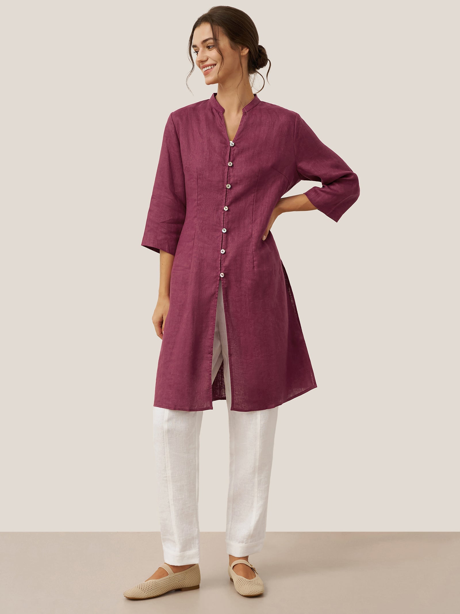 100% Linen Hand Button Long Top DILLON LINTICO