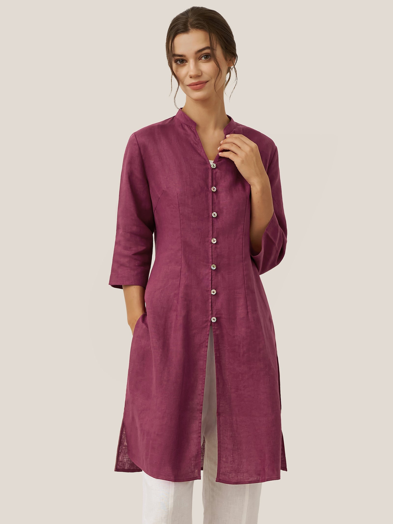 100% Linen Hand Button Long Top DILLON LINTICO