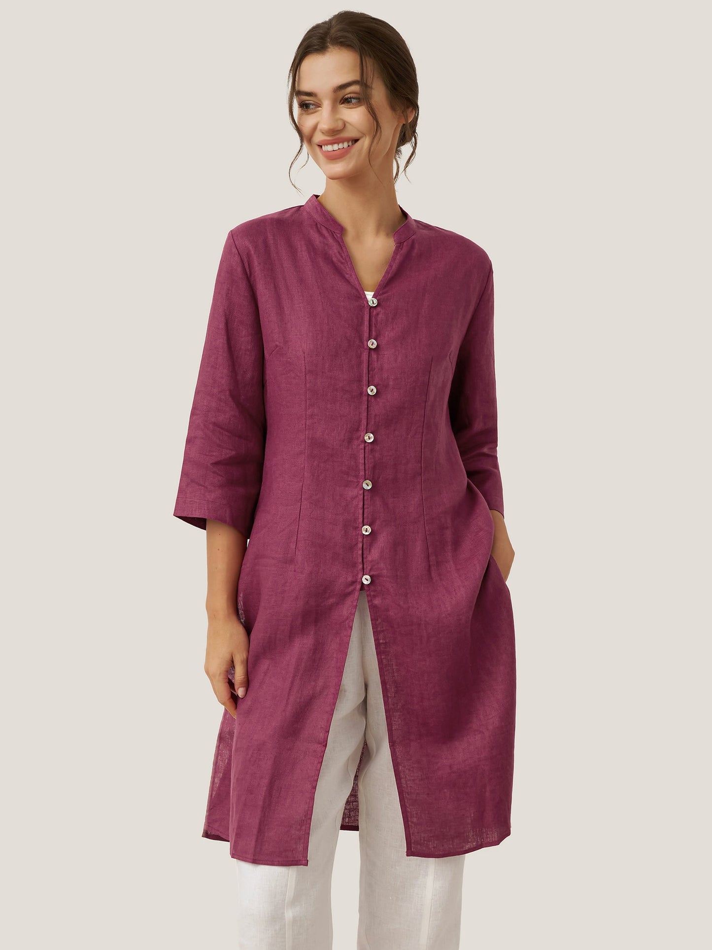 100% Linen Hand Button Long Top DILLON LINTICO