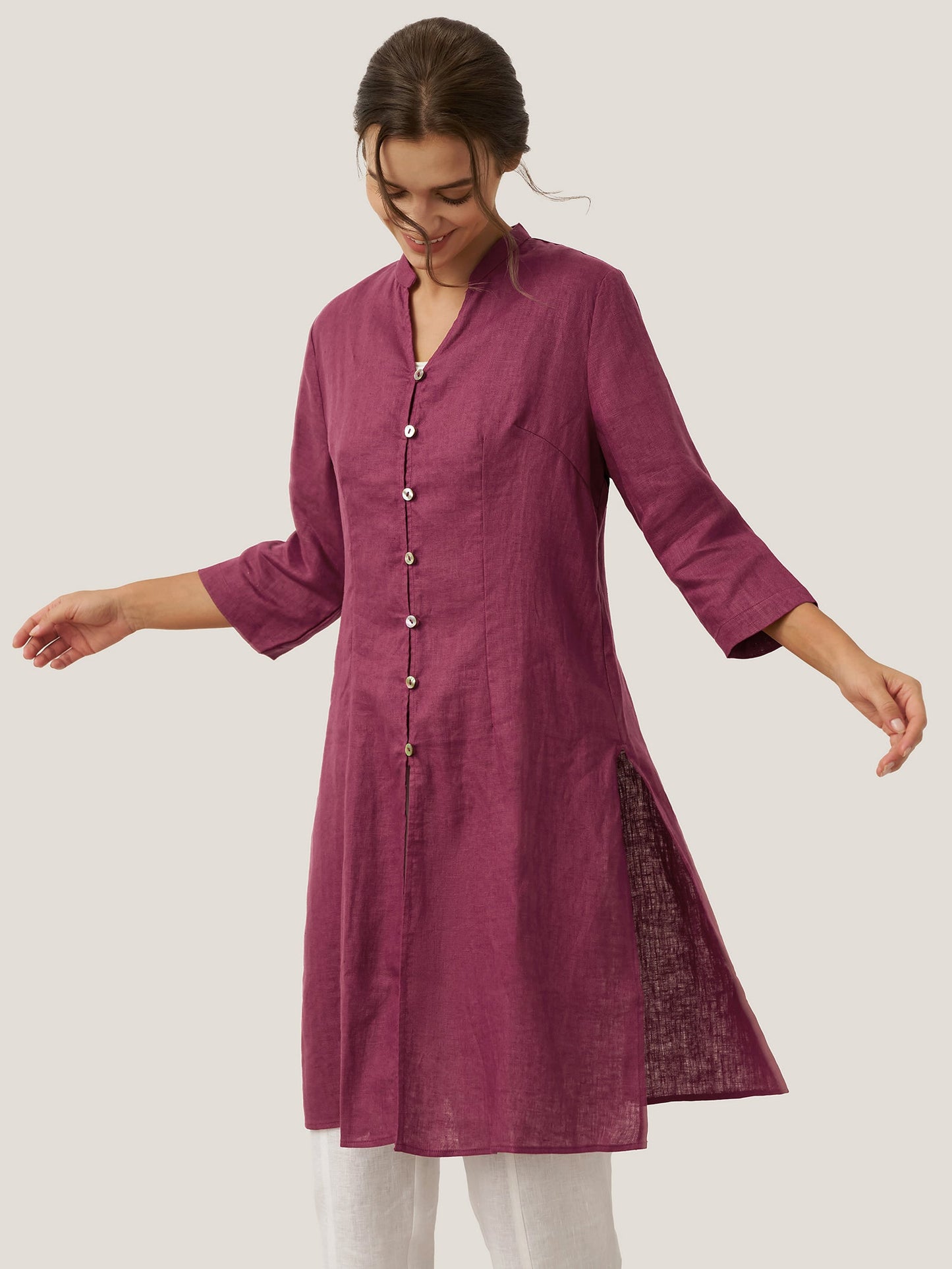 100% Linen Hand Button Long Top DILLON LINTICO