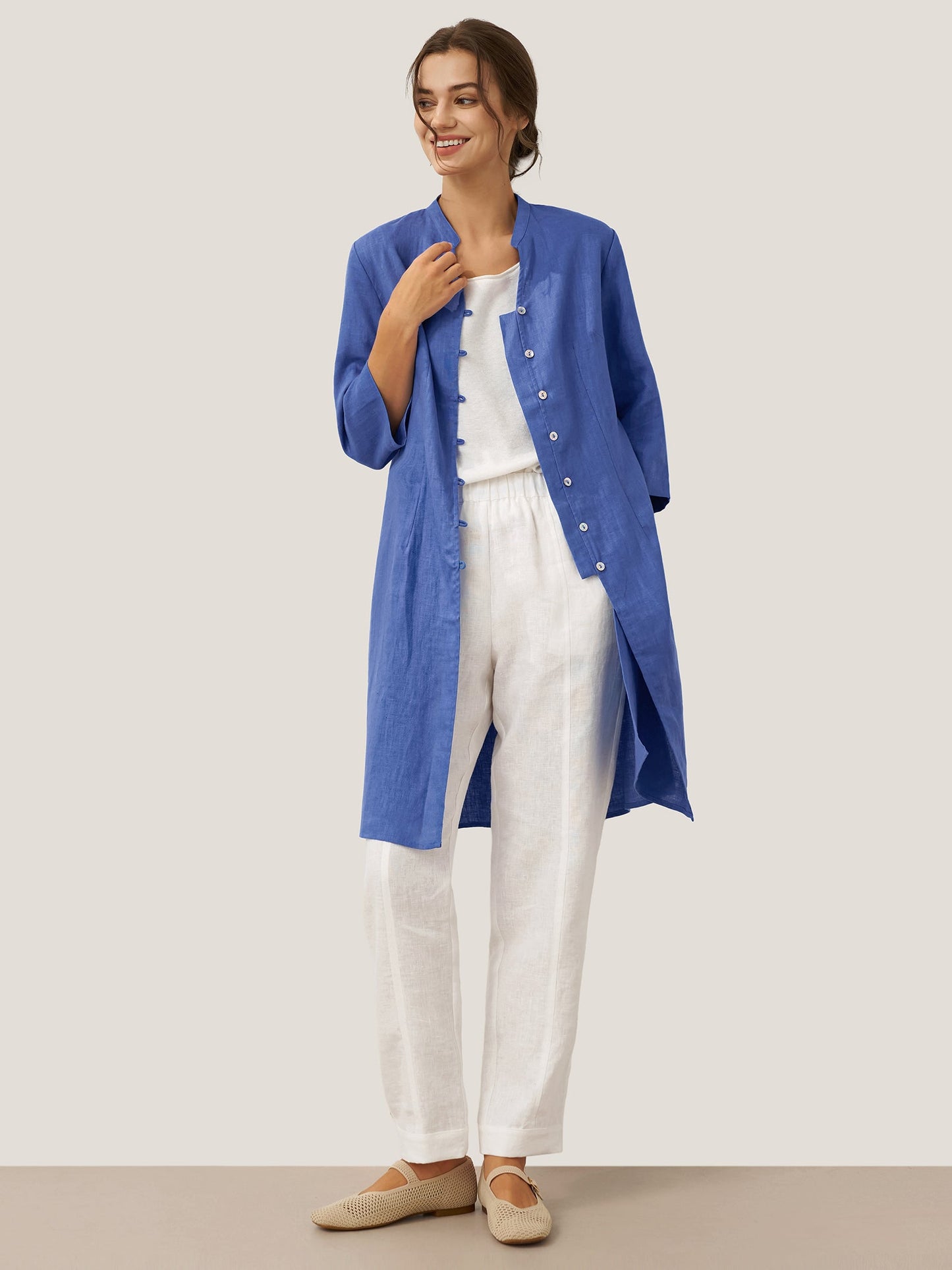 100% Linen Hand Button Long Top DILLON LINTICO