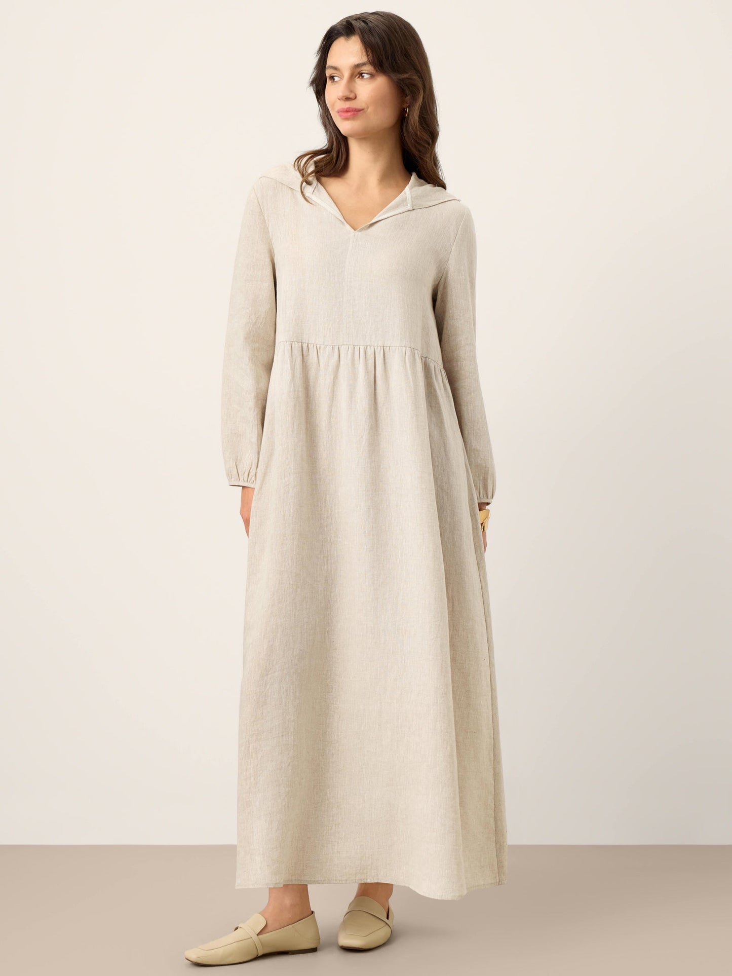 100% Linen Sculpted-Hood Caftan Maxi Dress LINETTE