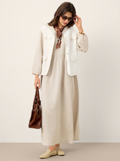 100% Linen Sculpted-Hood Caftan Maxi Dress LINETTE
