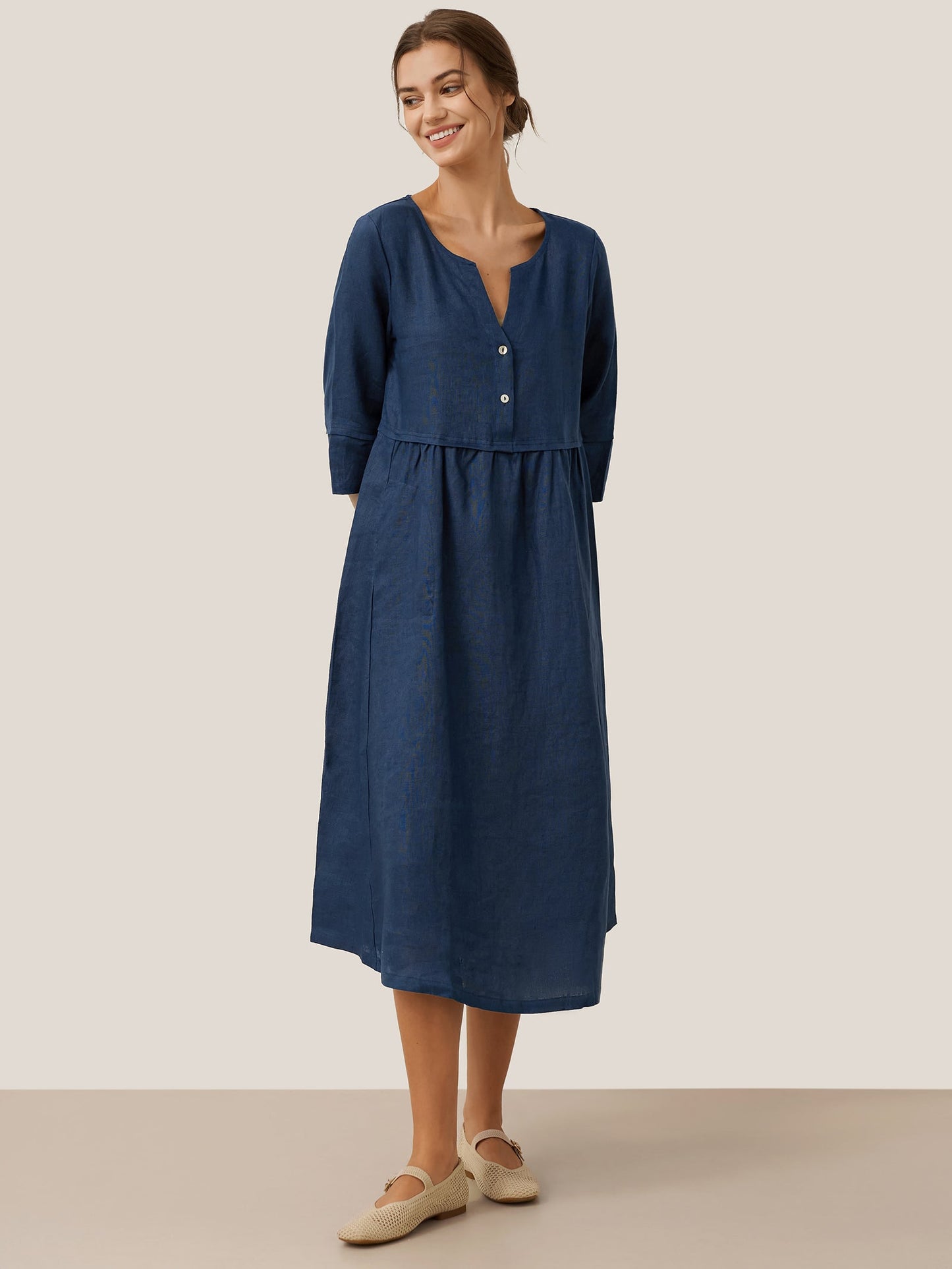 100% Linen Loose Fit Button Waist Gathered Maxi Dress LUNA LINTICO