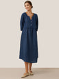 100% Linen Loose Fit Button Waist Gathered Maxi Dress LUNA LINTICO