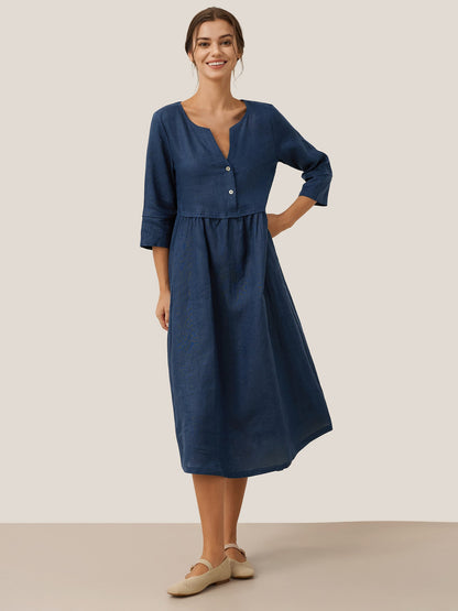 100% Linen Loose Fit Button Waist Gathered Maxi Dress LUNA LINTICO