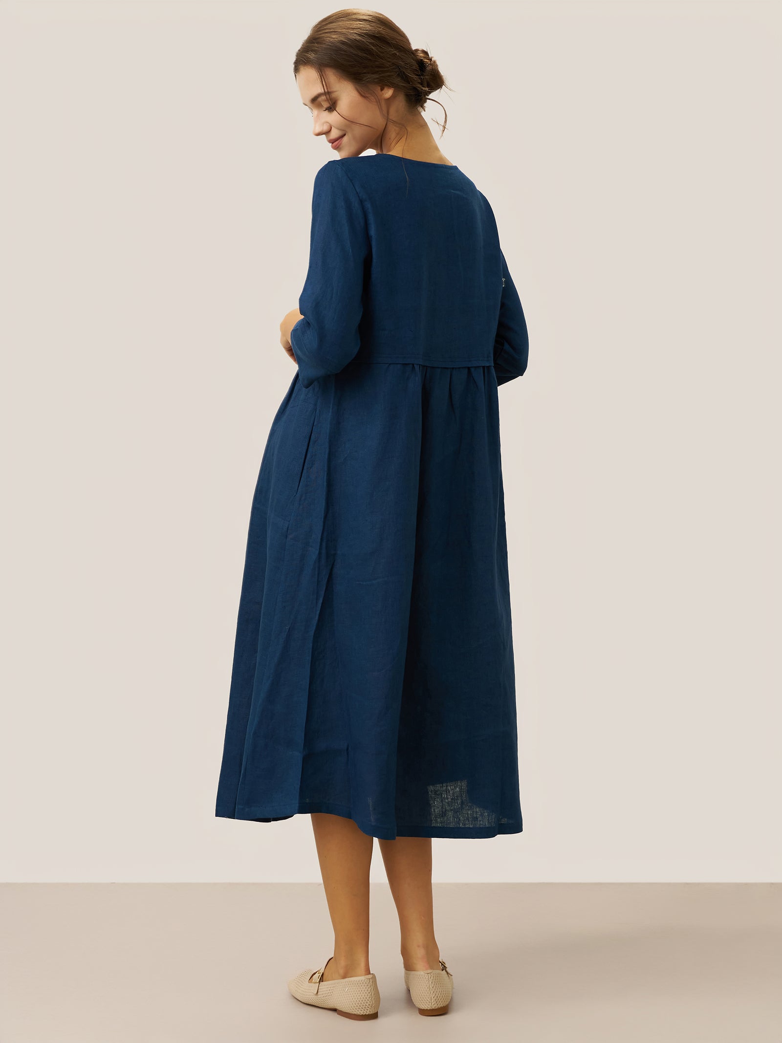 100% Linen Loose Fit Button Waist Gathered Maxi Dress LUNA LINTICO