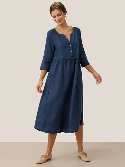 100% Linen Loose Fit Button Waist Gathered Maxi Dress LUNA LINTICO