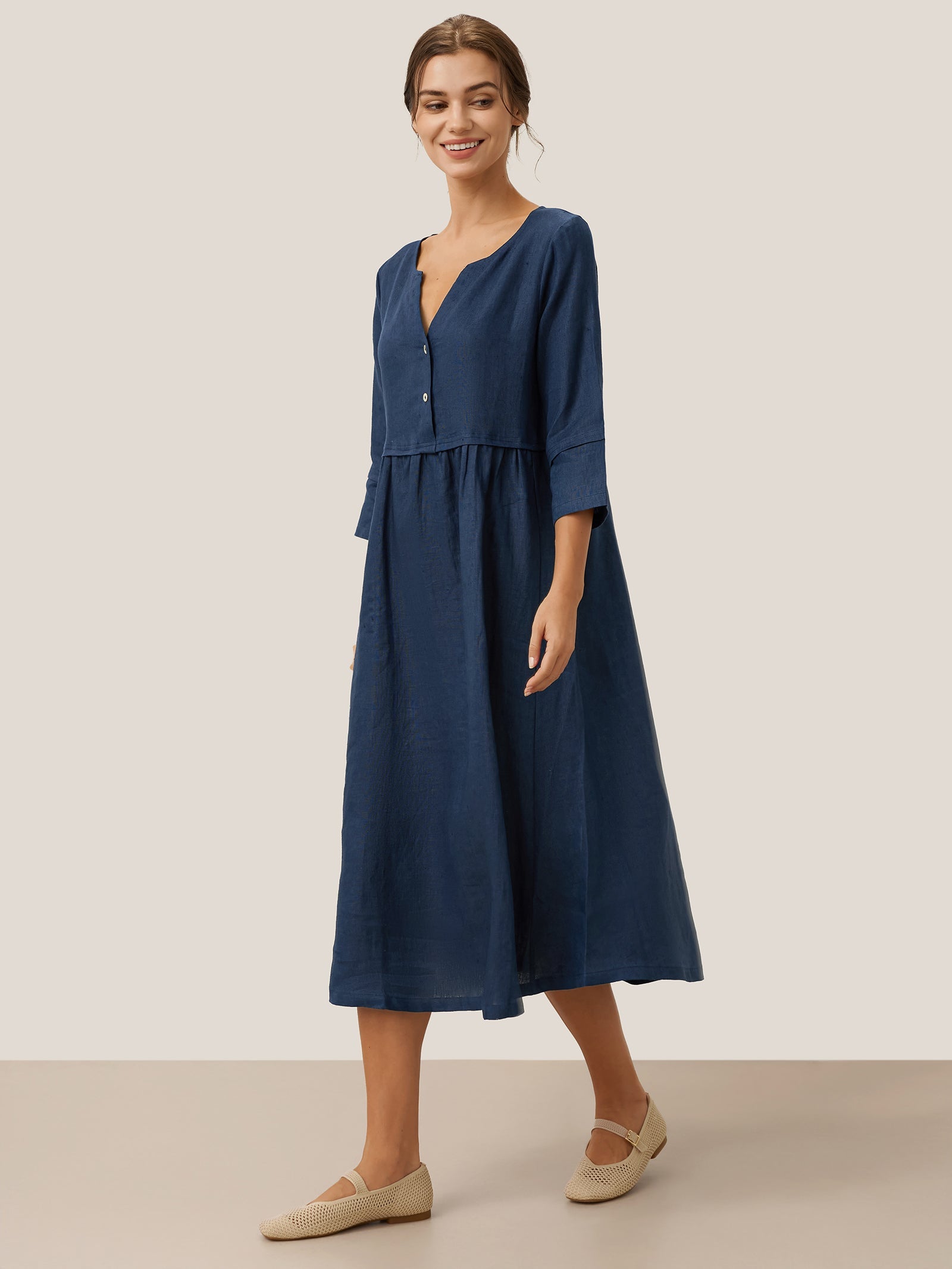 100% Linen Loose Fit Button Waist Gathered Maxi Dress LUNA LINTICO