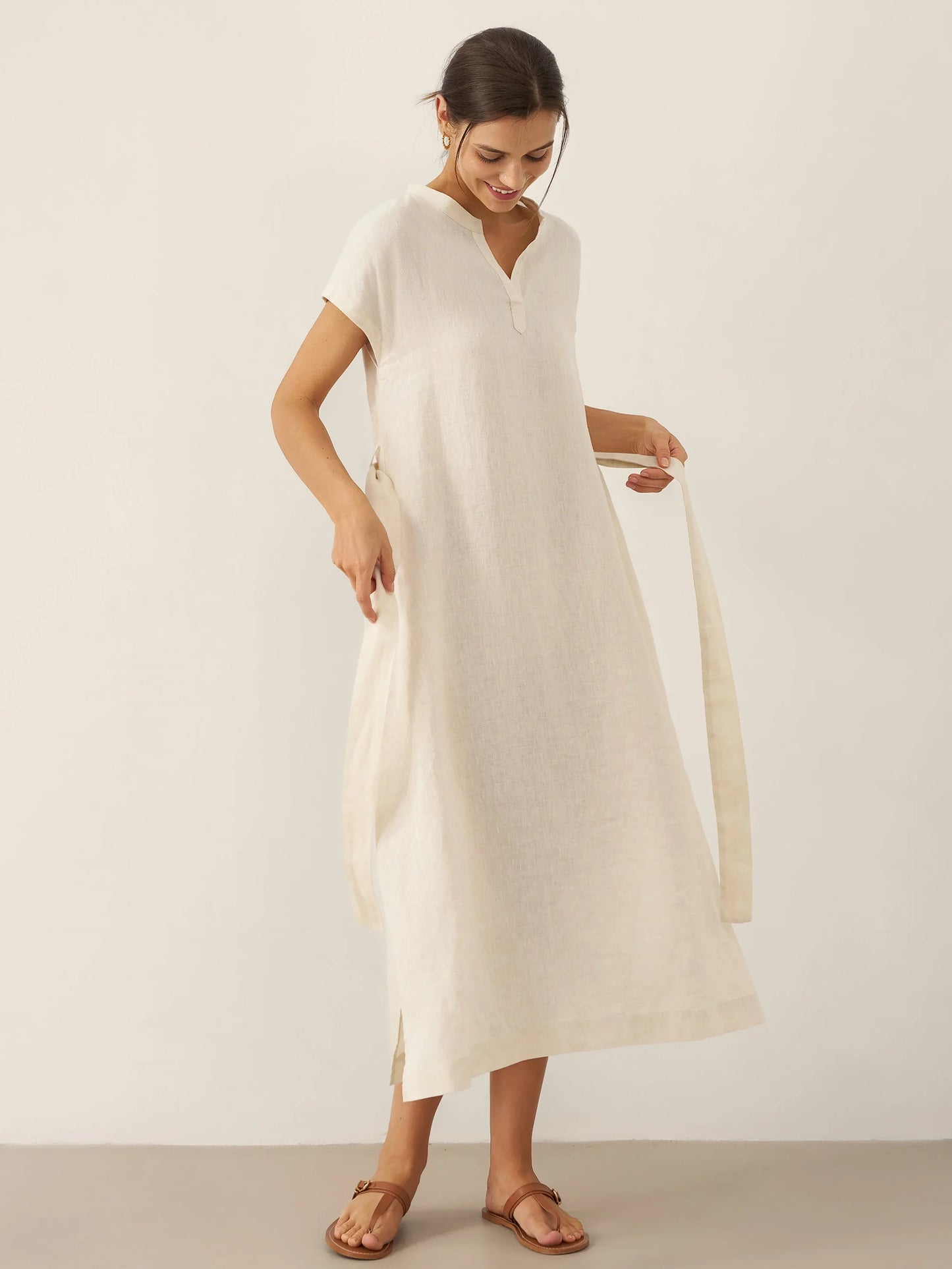 100% Linen Mandarin Collar Maxi Dress with Detachable Belt MARGARET