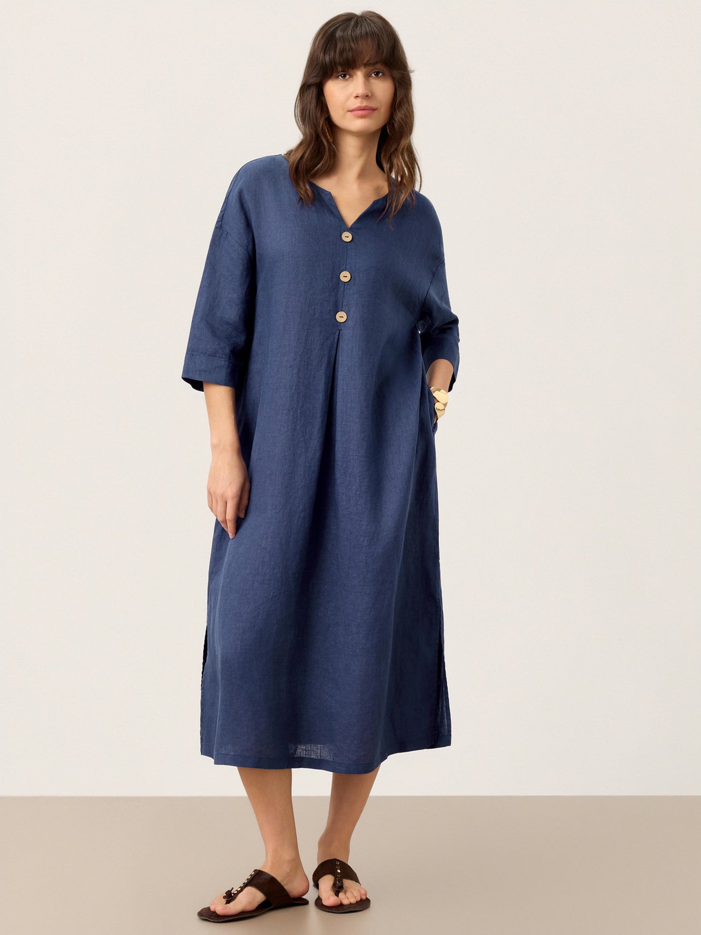 100% Linen Notch Neck Inverted Pleat Maxi Dress MATILDE