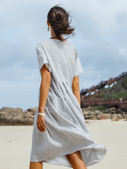100% Linen Pinstripe Paneled Short-Sleeved Dress MORGAN LINTICO