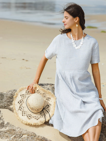 100% Linen Pinstripe Paneled Short-Sleeved Dress MORGAN LINTICO