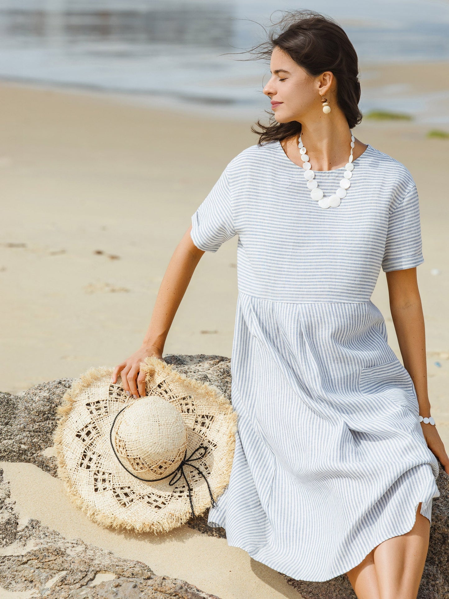 100% Linen Pinstripe Paneled Short-Sleeved Dress MORGAN LINTICO