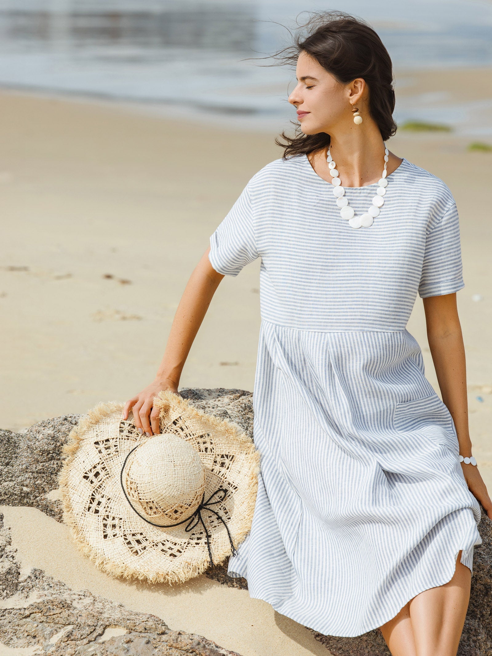 100% Linen Pinstripe Paneled Short-Sleeved Dress MORGAN LINTICO